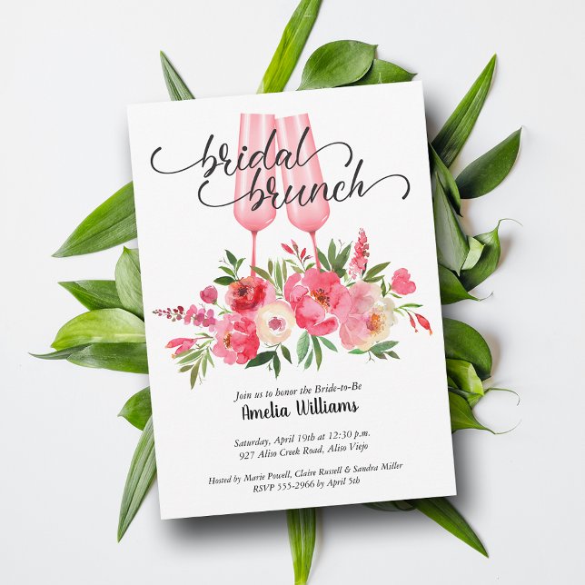 Convite Vidros de champanhe de Chá de panela Brunch e Bubb (Bridal shower brunch and bubby pink champagne glasses invitations - INSTANT DOWNLOAD and PRINTED)