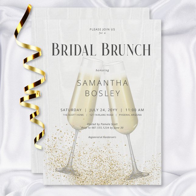 Convite Vidros de Champanhe Modernos e Brunch de Brida Gli (Modern Champagne Glasses & Glitter Bridal Brunch Invitation)