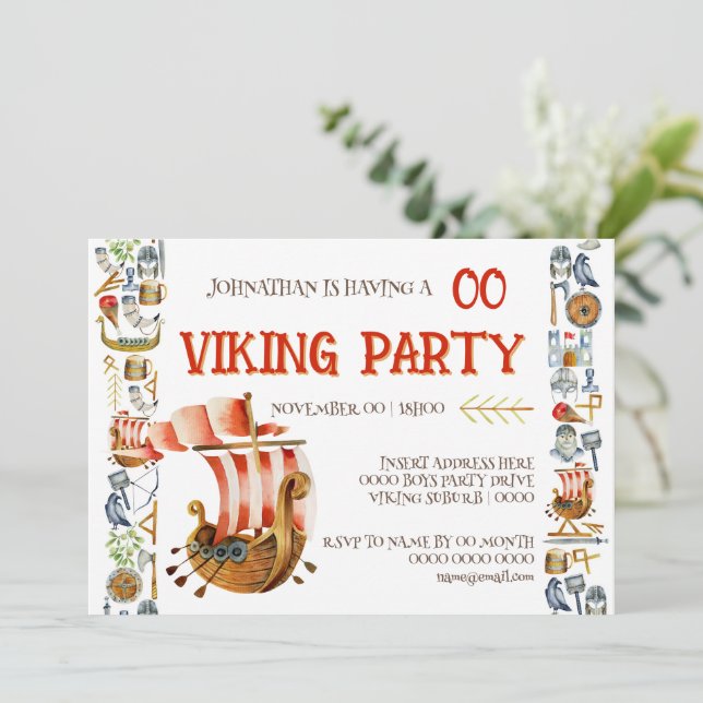 Convite Viking Birthday Invitation Boys 1–7 Galleon ship (Em pé/Frente)