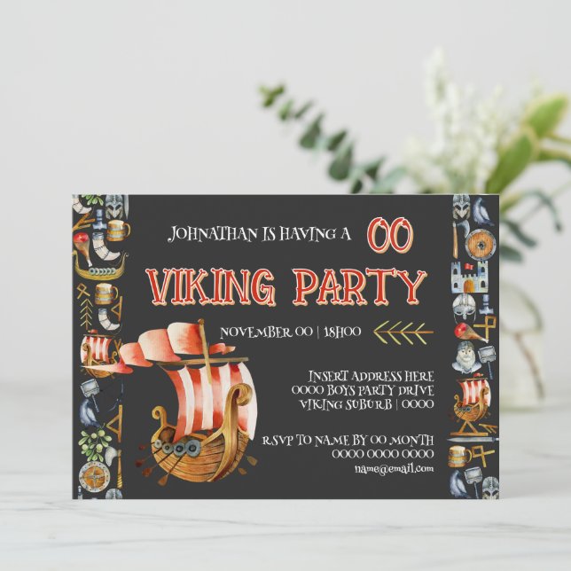 Convite Viking Birthday Invitation Boys 1–7 Navy blue red (Em pé/Frente)