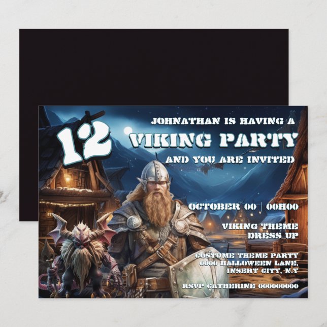 Convite Viking Birthday Invitation Boys Warrior & Demons (Frente/Verso)