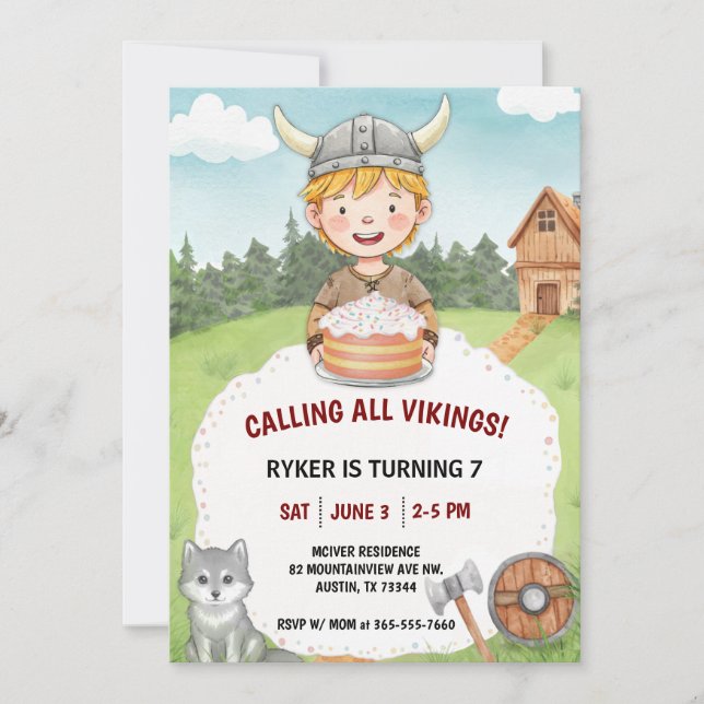 Convite Viking Birthday Invitation for Boy, Watercolor (Frente)