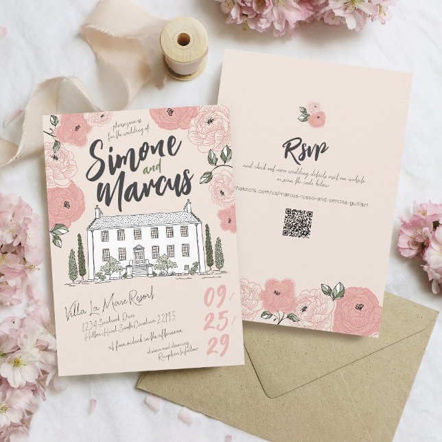 Convite Vila Única Desenhada à Mão Rosa Verde Floral Casam (Whimsical pink sage green floral unique hand drawn handwritten illustrated villa wedding invitation)