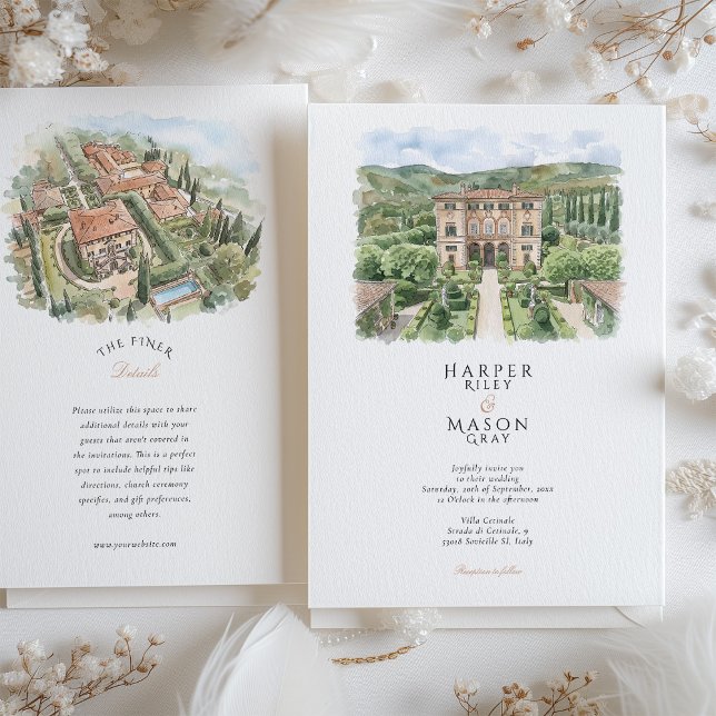 Convite Villa Cetinale Tuscany Watercolor Wedding (Criador carregado)