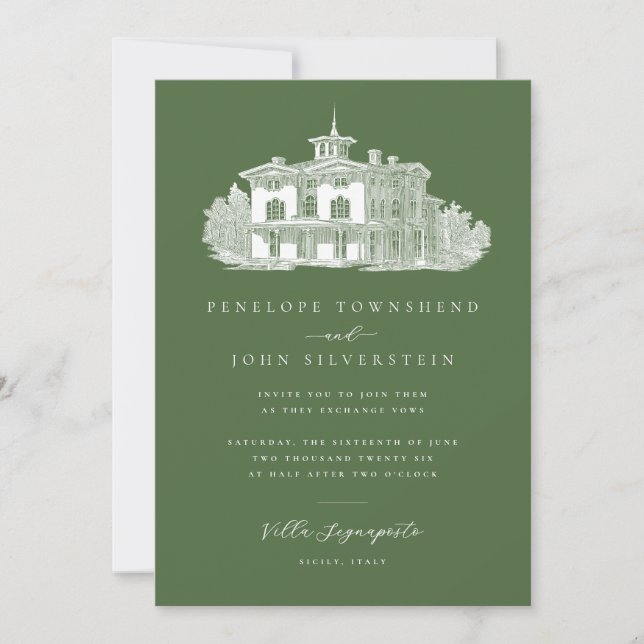 Convite Villa Illustration Olive Green Wedding Italiano (Frente)