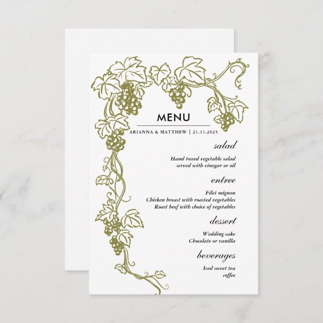 Convite Vineyard Elegante de Grapevine | Menu Casamento It (Frente/Verso)