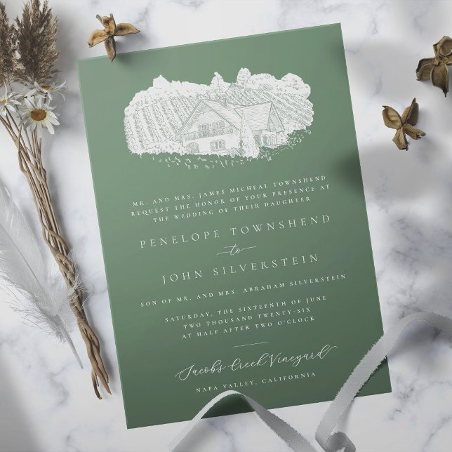 Convite Vineyard Elegante Desenhando Casamento Formal Verd (Sage green formal wedding invitation with an illustration of a vineyard)