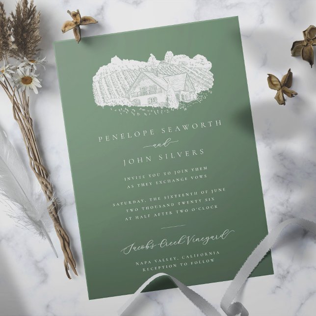 Convite Vineyard Illustration Sage Green Wedding (Sage green wedding invitation with an illustration of a vineyard)