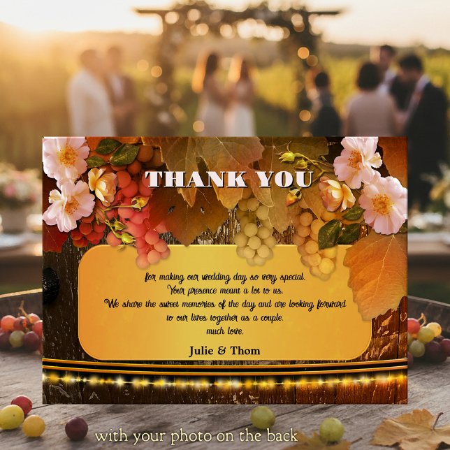 Convite Vineyard or Winery Wedding Thank You Photo Card (Wedding Thank You card featuring grapes, peach colored roses and string lights on a wine barrel)