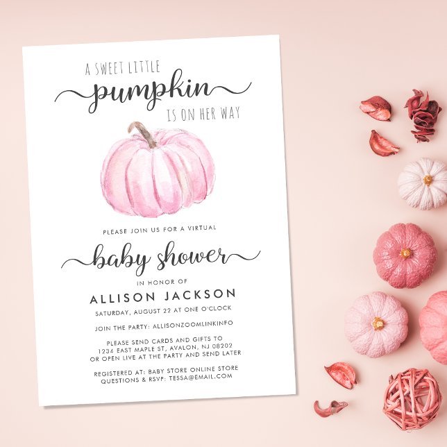 Convite Vinha Chá Rosa Pumpkin Aquarela (Celebrate the upcoming arrival of your sweet autumn baby with a pumpkin-themed virtual baby shower)