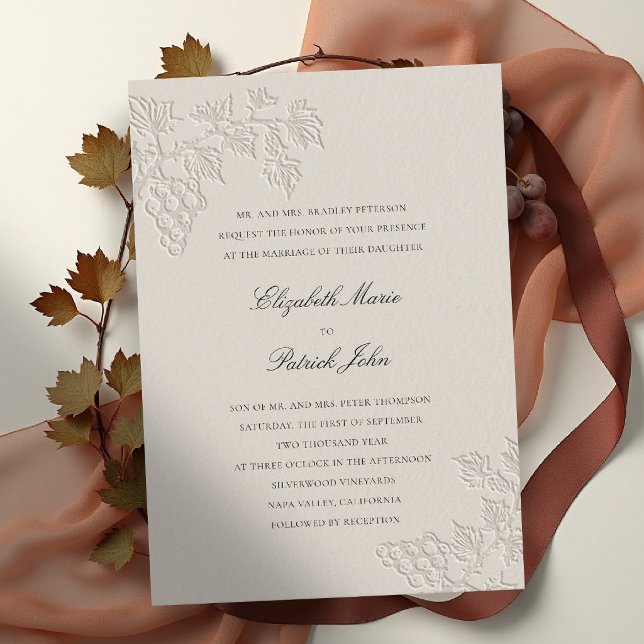 Convite Vinha de Outono Clássico Moderno Vinícola Trigo Ca (fall vineyard wedding invitation grapevine winery formal modern classic black tie wheat beige)