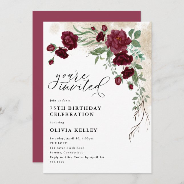 Convite Vinha de Rosa, Festa de aniversário Floral (Frente/Verso)