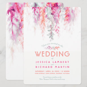Convite Vinhas aquarelas casamento vermelho-rosa-rosa verd