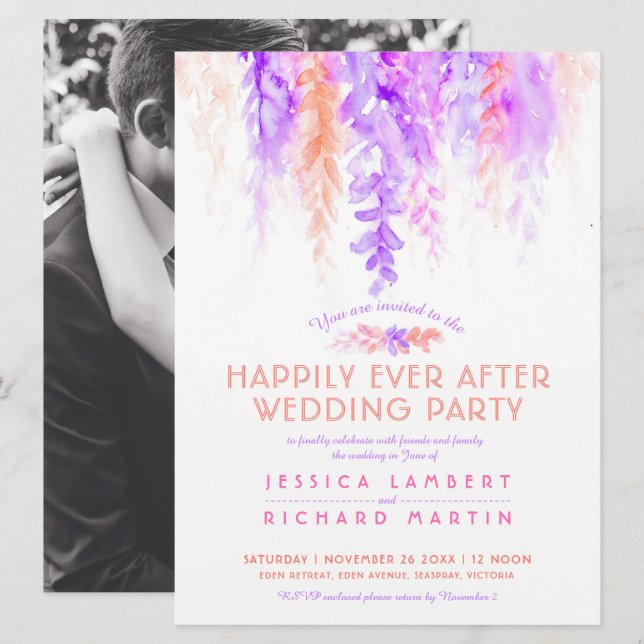 Convite Vinhas aquarelas cor laranja púrpura após festa de (Frente/Verso)