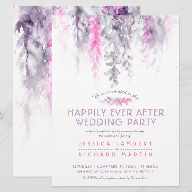 Convite Vinhas aquarelas: indigo após a festa de casamento (Frente/Verso)