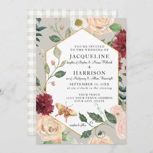 Convite Vinhas Aquarelas n Borboleta Rosa de Coral Floral (Frente/Verso)