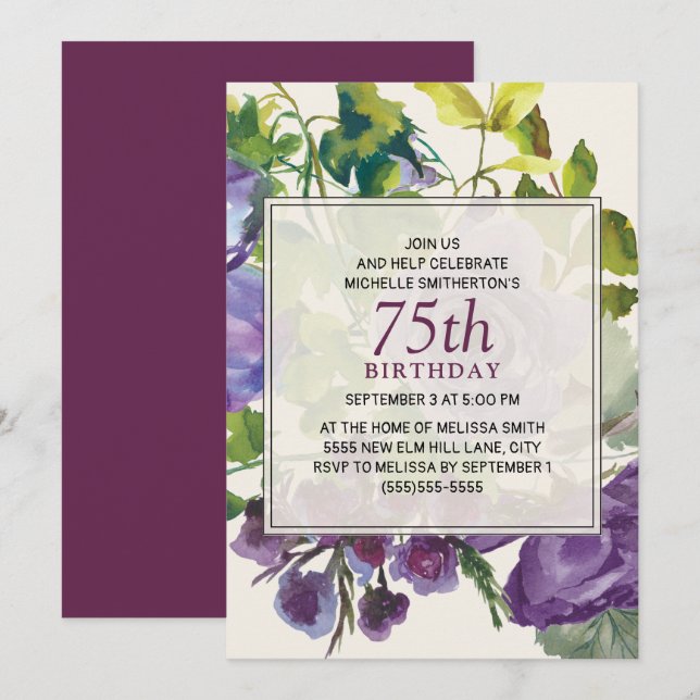 Convite Vinhas Florais de Aquarela Roxa para 75º Aniversár (Frente/Verso)