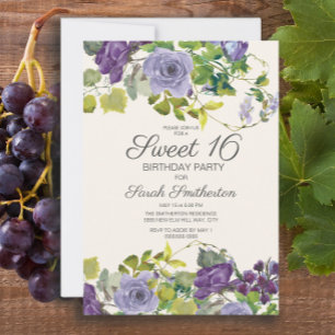 Convite Vinhas Florais de Aquarela Roxa Sweet 16
