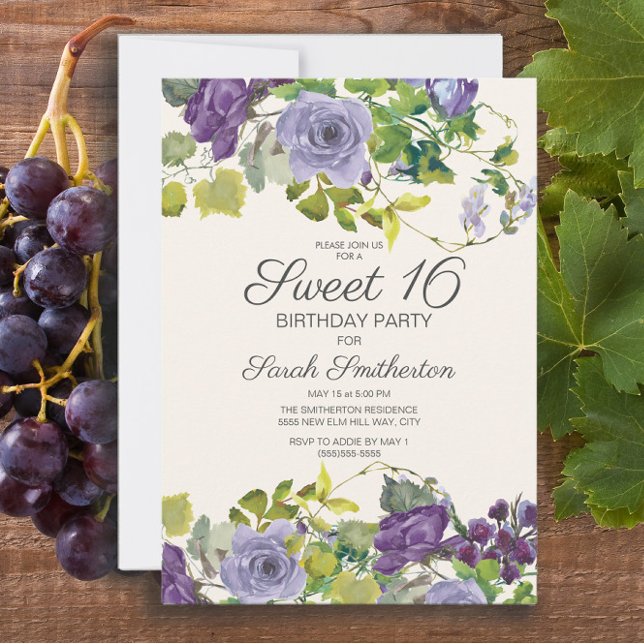 Convite Vinhas Florais de Aquarela Roxa Sweet 16 (Purple floral and vines Sweet 16 birthday party invitation)