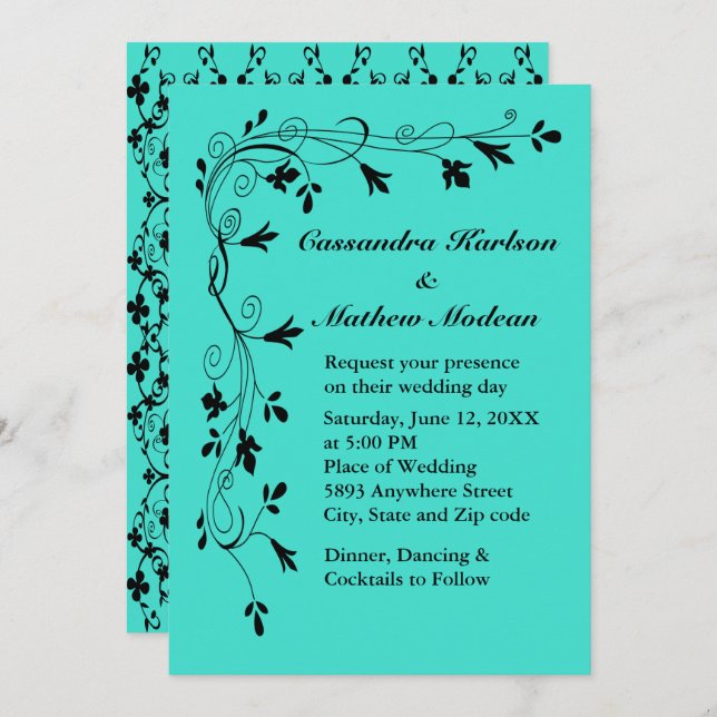 Convite Vinhas Florais Negras Turquesa ou Seleção de Cores (Frente/Verso)