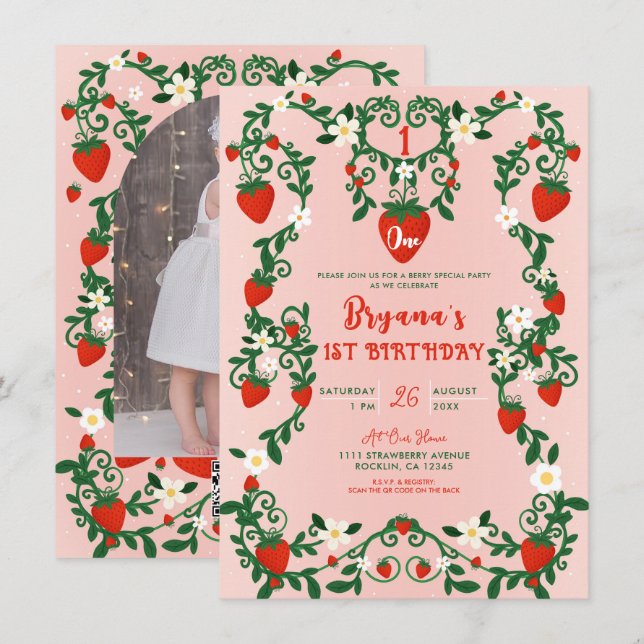 Convite Vinhas Florais Rosa e Vermelho Morango 1º Aniversá (Frente/Verso)