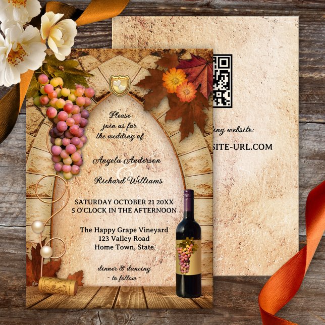 Convite Vinhas russas ou casamentos de vinhas (Rustic wine themed wedding invitation with a painting featuring grapes, flowers and fall leaves)