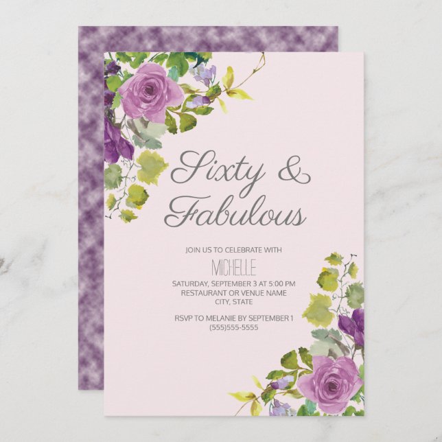 Convite Vinhas Verdes Florais Roxas Elegantes 60.o Anivers (Frente/Verso)