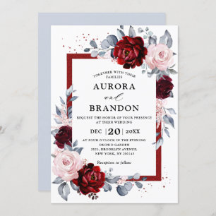 Convite Vinho Borgonha Azul Slate Casamento Floral