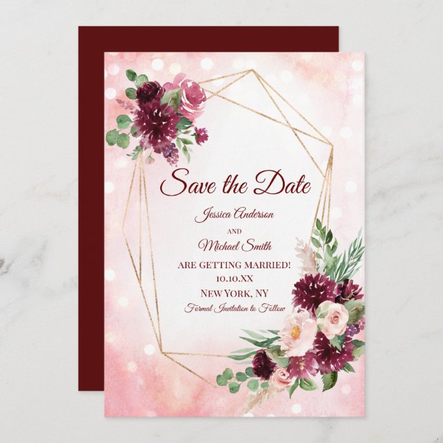 Convite Vinho Borgonha Boho Aquarela Floral Salvar Data (Frente/Verso)