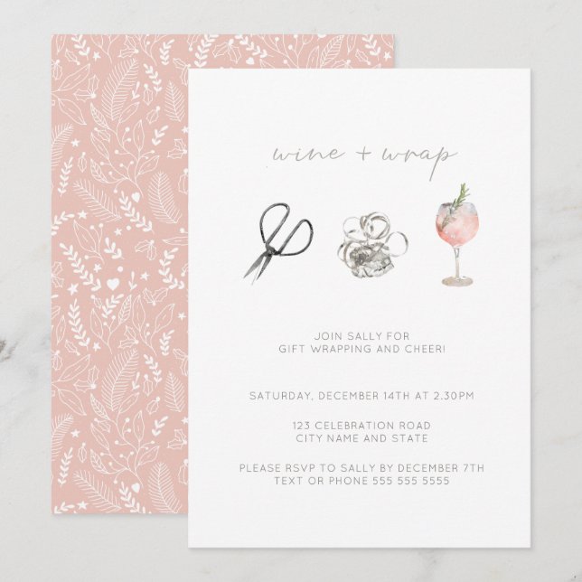 Convite Vinho de Aquarela Rosa Moldar Festa de Natal Feria (Frente/Verso)