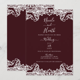 Convite Vinho de Bordeaux & Renda Branca Casamento Elegant