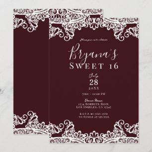 Convite Vinho de Bordeaux Renda Branca Elegante Festa Doce