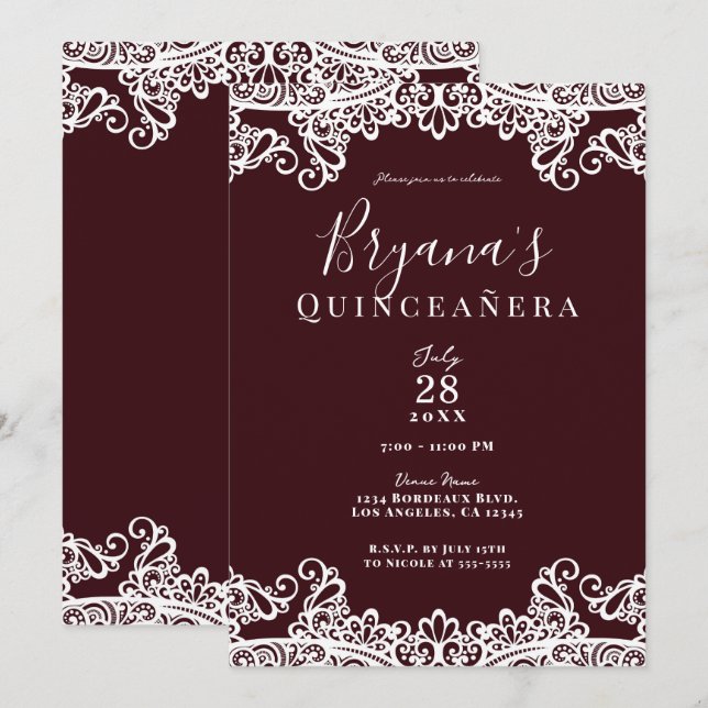 Convite Vinho de Bordeaux & Renda Branca Elegante Quinceañ (Frente/Verso)