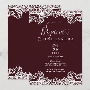 Convite Vinho de Bordéus & Renda Branca Elegante Quinceañe
