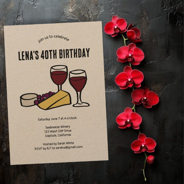 Convite Vinho de Festa e Provando de Queijo (Party Wine & Cheese Tasting Birthday Kraft CUSTOM Party Invitation
)