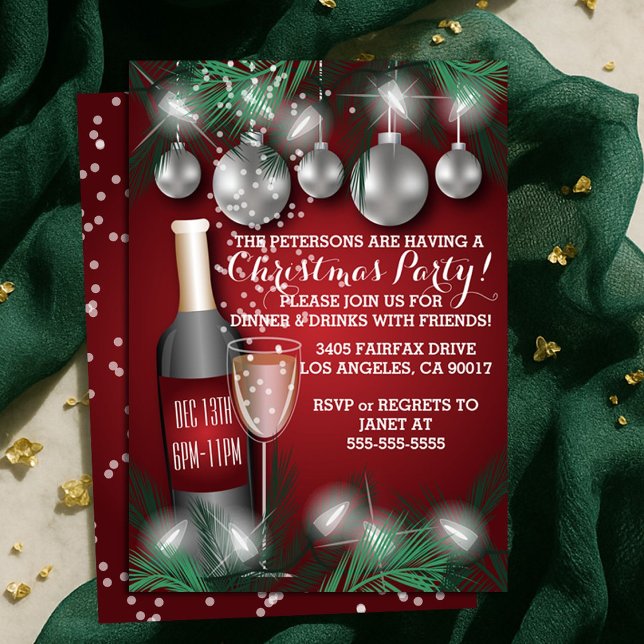 Convite Vinho e ornamentos Festa de Natal Vermelho (Wine and Ornaments Red Christmas Holiday Party Invitation)