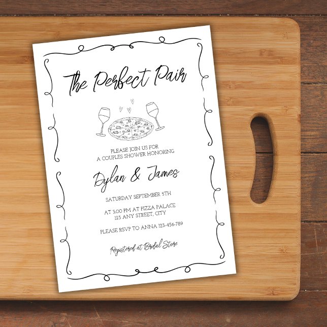 Convite Vinho e pizza Par Perfeito Casais Desenhados Mão (Wine & Pizza Perfect Pair Hand Drawn Couples Invitation)