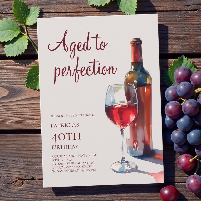 Convite Vinho Envelhecido à Perfeição Festa de Aniversário (Aged to Perfection Wine Adult 40th Birthday Party Invitation)