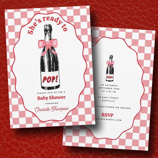 Convite Vinho Espumante Cor-de-Rosa Pronto para Estourar C (Ready to Pop Sparkling Wine Pink Retro Baby Shower Invitation)