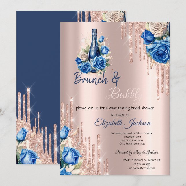 Convite Vinho Flores Azuis Gostas Brunch & Bubbly  (Frente/Verso)