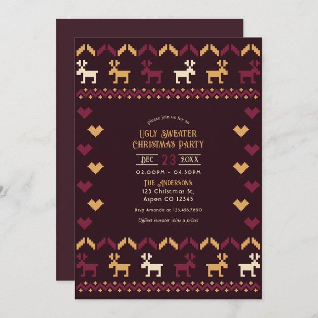 Convite Vinho Mestido e Dourada Festa de Natal Feia (Frente/Verso)