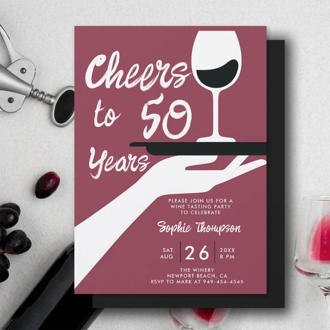 Convite Vinho Provando Elegante Vinha Casual 50º Aniversár (wine tasting 50th birthday invitation for women winery vintage retro burgundy red elegant casual)