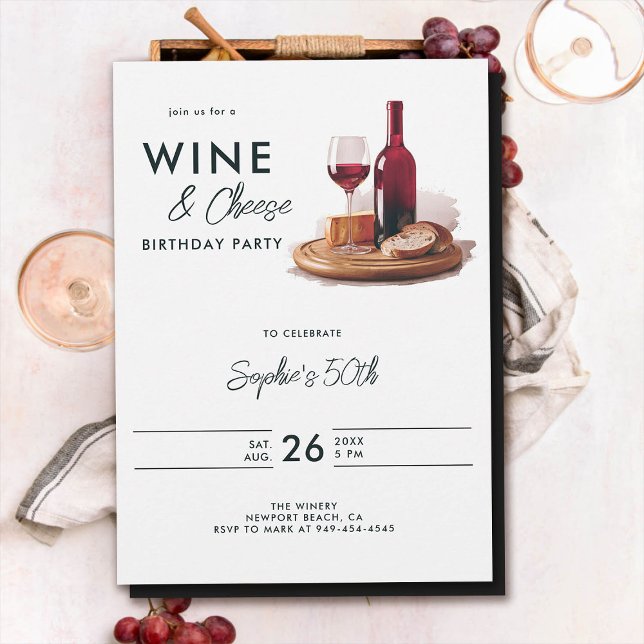 Convite Vinho Provando Queijo Moderno 50º Aniversário (wine cheese birthday party invitation 50th fifty modern elegant watercolor)