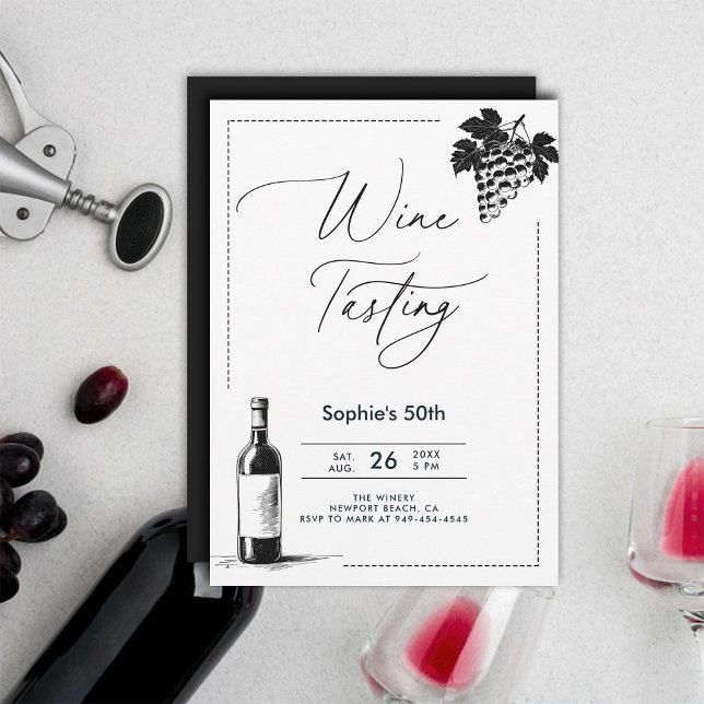 Convite Vinho Provando Vinho Simples moderno BW 50º Aniver (wine tasting party 50th birthday invitations for women winery trip modern minimalist elegant chic)