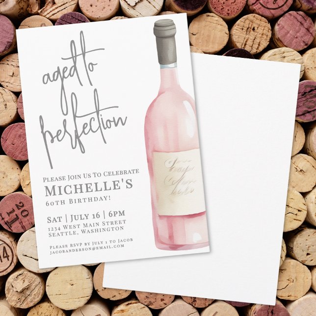 Convite Vinho Rosado Elegante Envelhecido à Perfeição Aniv (Wine Simple Sixty 60th Birthday Party Invitation)