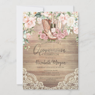 Convite Vinho Rosas Botas Renda Quinceanera