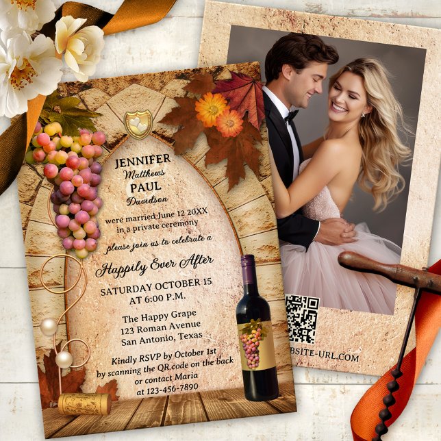 Convite Vinho Russo Italiano Feliz Para Sempre Após O Casa (Happily Ever After wedding invitation featuring an Italian rustic vineyard or wine theme with grapes)