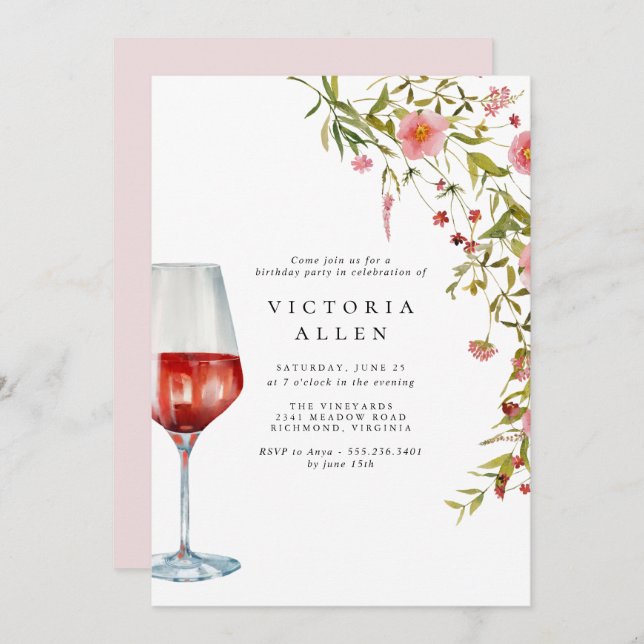 Convite vinho tinto | Aniversário da Mulher Floral Rosa El (Frente/Verso)