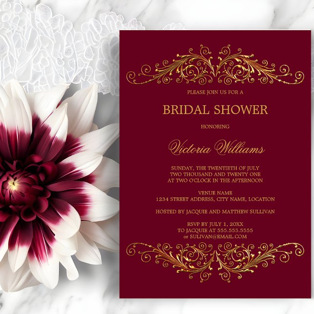 Convite Vinho Tinto Burgundy Redemoinhos de Ouro Elegantes (Elegant gold swirls invitation front view.  Gold and burgundy bridal shower invitation.)