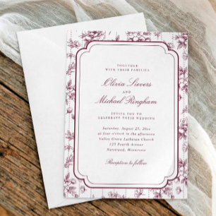 Convite Vinho Tinto Vintage Floral Toile Casamento Francês